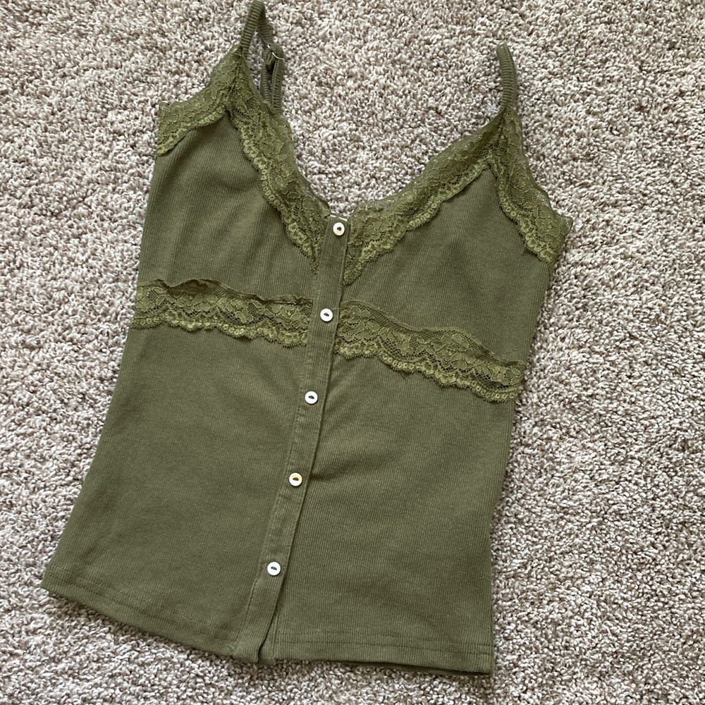 Lizette Collection Retro Y2k Lace Trim Henley Ribbed Tank Top Elenacore Cami M